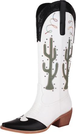 Generic Womens Knee-High Western Cowboy Boots Two-Tone PU Leather Cactus Appliqu&eacute; Metal Stud Detail Pointed Toe Low Block Heels Comfortable Non-Slip Durable,B