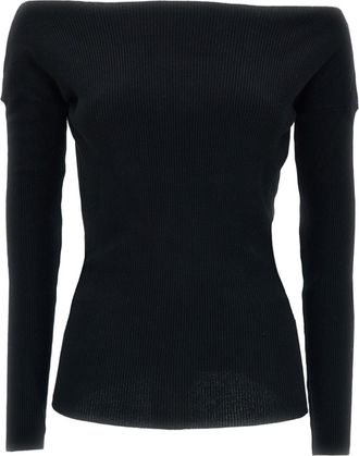 P.A.R.O.S.H. Black Ribbed Wool Off-Shoulder Top