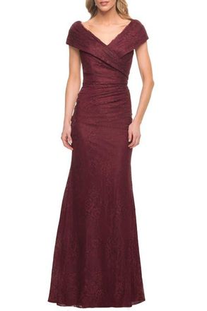 La Femme Lace Off The Shoulder Cap Sleeve Evening Dress in Burgundy at Nordstrom, Size 14