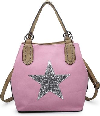 Generic Canvas Tote Bag with Sequin Star, Womens Shoulder Crossbody Handbag, PU Leather Trim, 24x24x16cm (Pink)