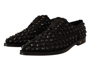 Dolce & Gabbana Womens Black Lace Up Studded Formal Flats Shoes Gros Grain