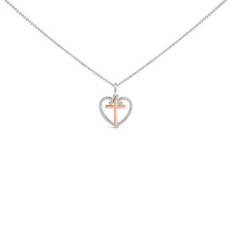House of Brilliance 14K Rose Gold Plated Sterling Silver 1/5 Cttw Diamond Heart Cross Pendant Necklace