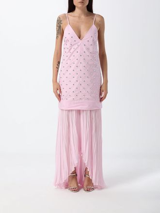 Msgm Abito lungo da sera plissettato in cotone con ricami e scollo a V