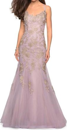 La Femme Lace Applique Tulle Mermaid Gown In Mauve/gold