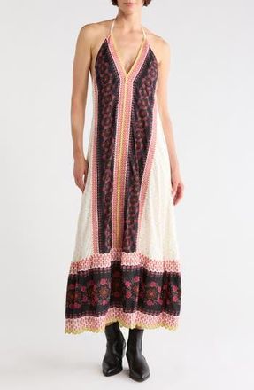 Free People Cubana Border Print Chiffon Halter Maxi Dress in Ivory Combo at Nordstrom Rack, Size X-Small