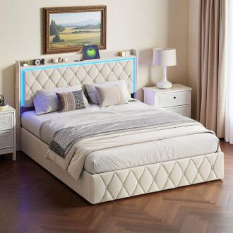 OEM Cama Litera 140x190 Cm, Led Regulable, Usb, Hidr&aacute;ulica, Moderna, Marco De Cama 140x190 Cm, Terciopelo, Beige