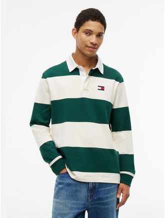Tommy Hilfiger Mens Regular Fit Striped Rugby Polo - Ornamental Green - XXXL