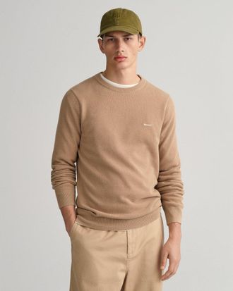GANT Mens Cotton Pique Crew Neck Jumper - Beige - Size X-Large