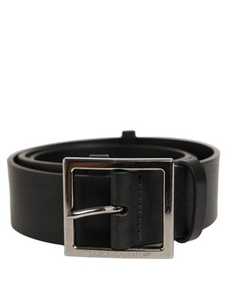 Dolce & Gabbana Black Leather Silver Tone Square Buckle Mens Belt (Pre-Owned)