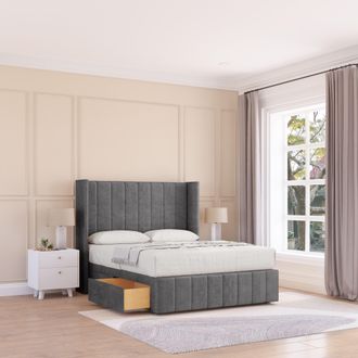 Sloomy Melbourne Plush Wingback Bed Set, No Drawers & 54 Floor Standing Headboard in Dark Grey | Size: Single
