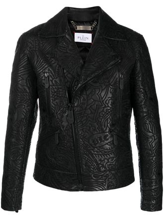 Philipp Plein paisley-print leather biker jacket - Nero