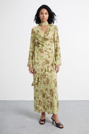 Warehouse Womens Petite Long Sleeve Cowl Neck Floral Print Ruffle Detail Maxi Dress - Multicolour - Size 10 UK
