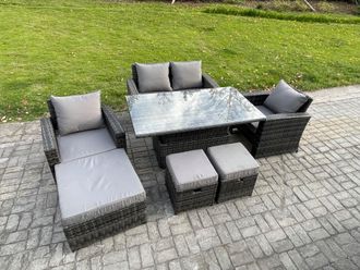 Fimous Outdoor Garden Dining Sets 7 Seater Rattan Patio Furniture Sofa Set with Rising Lifting Table in Dark Grey