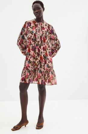 Contemporaine Womens Crocheted trims floral chiffon dress