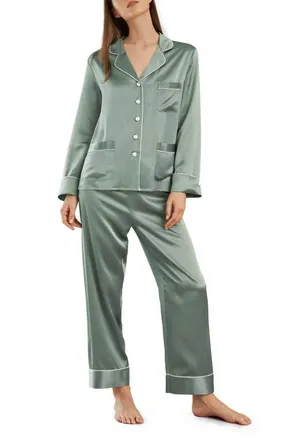 LilySilk Chic Trimmed Silk Pajama Set in Avocado Green at Nordstrom, Size Medium