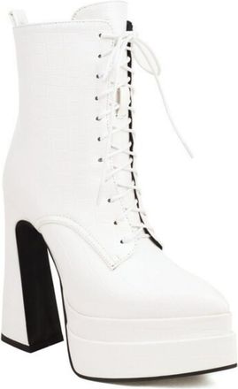 Generic Womens High Heeled Short Boots with Zipper PU Leather Platform Boots Pointed Toe Gothic Motorcycle Boot,White,6.5 UK