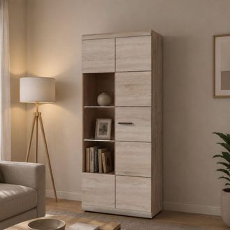 Dmora Vitrina Ladara, Mueble Expositor 8 Estantes, 2 Puertas, Con Led Esquinas Redondeadas, 80x37x194h Cm Roble Marr&oacute;n