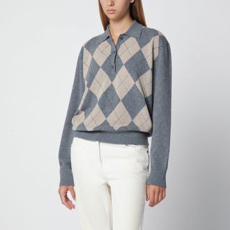 R&oacute;he Grey polo with beige Argyle pattern in wool blend