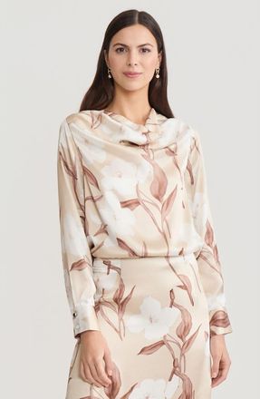 Misook Draped Neck Floral Print Silk Blouse in Biscotti/charmeuse at Nordstrom, Size Xx-Large