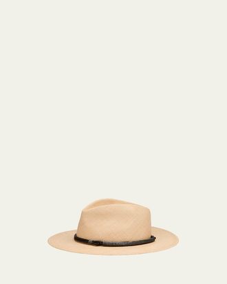Brunello Cucinelli Straw Fedora with Precious Leather Band