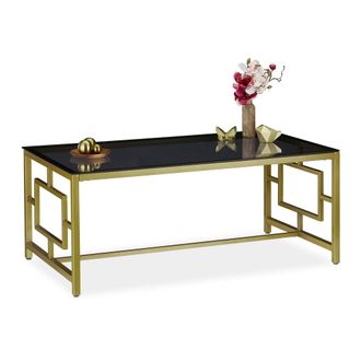 Relaxdays Mesa Centro Cristal, Rectangular, Vidrio Y Metal, 45 X 110 X 60 Cm, Negro Y Dorado - Relaxdays