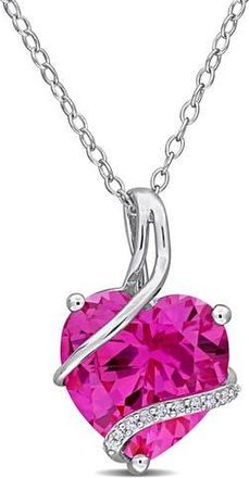 Delmar Sterling Silver Lab Grown Pink Sapphire & Diamond Heart Pendant Necklace at Nordstrom Rack