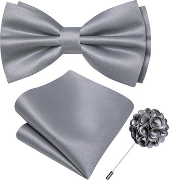 Barry.Wang Bow Tie for Men Solid Color Pre-tied Bowtie Pocket Square Lapel Pin Set Adjustable Formal Tuxedo Bowtie Party, Grey, One Size