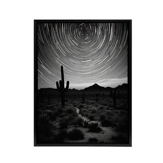 Artery8 Night Sky Stars Time Lapse Over Desert Cactus Framed Canvas Wall Art Print in Grey | Size: W24 x H32