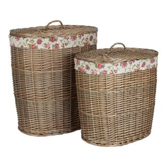 Red Hamper Set of 2 Antique Wash Garden Rose Cotton Lined Oval Laundry Basket in Brown