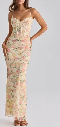 House of CB Calista Floral Print Corset Sleeveless Gown in Peach Floral at Nordstrom, Size X-Small