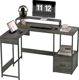 HOMCOM L Shaped Desk - Computer Table With Liftable Desktop - Charcoal grey | TJ Hughes