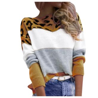 Generic Cocila Womens Crew Neck Oversize Sweater Ladies Autumn and Winter Tops, Casual Fashion Leopard Print Color Long-Sleeved Sweater Pullover Loose Top Lad