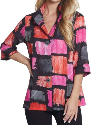 Multiples 3/4 Sleeve Button Front Print Jacket In Fuschia/black