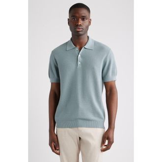 Nordstrom Short Sleeve Textured Cotton & Silk Polo Sweater in Blue Spruce at Nordstrom, Size Xx-Large