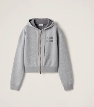 Miu Miu Double Cashmere Zipper Hoodie Cardigan, Woman, Grey, Size 36