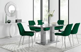 Furniturebox Imperia 6 Grey Dining Table & 6 Pesaro Silver Leg Chairs in Green