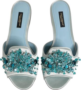 Dolce & Gabbana Womens Silver Blue Leather Bead Embellish Slide Shoes Blue, Silk Viscose