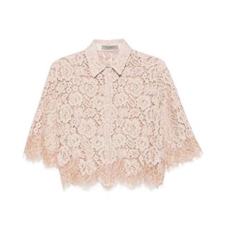 D.exterior Shirts, female, Beige, Size: XS Floral Lace Collar Scalloped Edge Short Sleeve Shirt