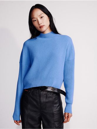 Calvin Klein Womens Cropped Cashmere Crewneck Sweater - Blue - XS