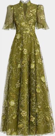 Mac Duggal Floral-Embroidered Puff A-Line Gown