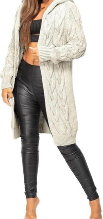 Generic Ladies Long Sleeve Chunky Cable Knitted Hooded Cardigan|Women Oversize Baggy Open Boyfriend Collarless Longline Knit Top|Womens Sweater Jumpers Coatig