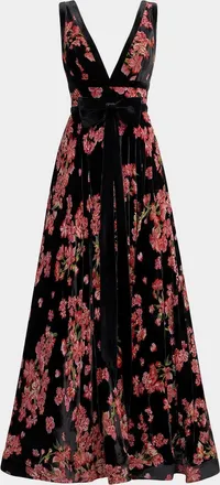 Mac Duggal Floral Velvet Plunging V-Neck Ball Gown