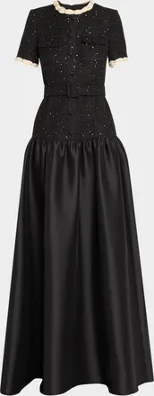 Badgley Mischka A-Line Sequin Tweed & Mikado Gown