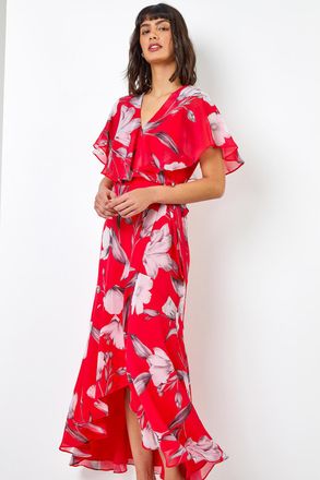 Roman Floral Print Chiffon Frill Cape Midi Dress