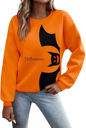 Generic Womens Halloween Sweatshirt Print Round Neck Pullover Long Sleeve Top Casual Loose Fit O Neck Jumper Lightweight Cozy Blouse Halloween Party Costume O