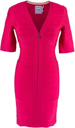 H&eacute;rve L&eacute;ger Pink Stretch Bandage V-Neck Zipped Dress Size S