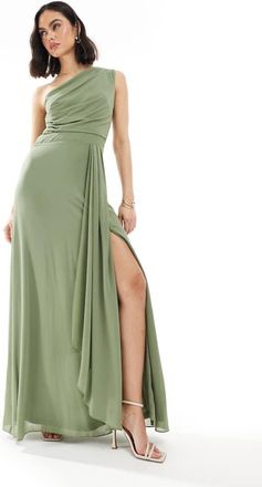 Tfnc Bridesmaid chiffon maxi dress with wrap skirt in dark green
