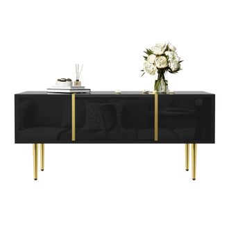 STILVORA Mesa De Centro Con 2 Cajones, Acabado Brillante Negro Con Detalles Met&aacute;licos Dorados, En Mdf, 100&times;60&times;41,5 Cm
