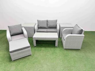 Fimous Light Grey PE Wicker Rattan Garden Furniture Set Sofa Set Reclining Adjustable Chair Oblong Coffee Table 5 Seater With Footstool 2 Side Table