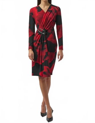 Joseph Ribkoff Abstract Print Faux Wrap Long Sleeve Midi Dress In Black/red